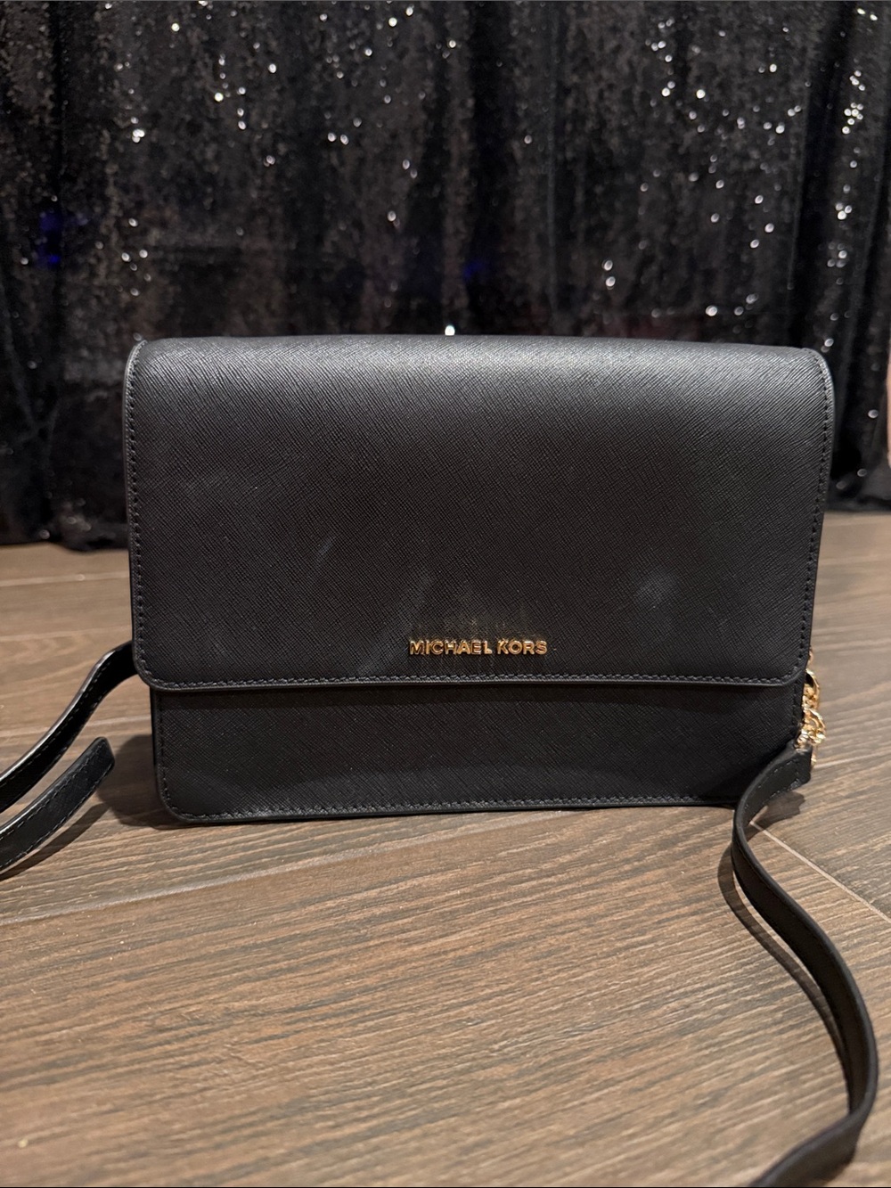 Michael Kors Black Leather Crossbody with Gold Logo